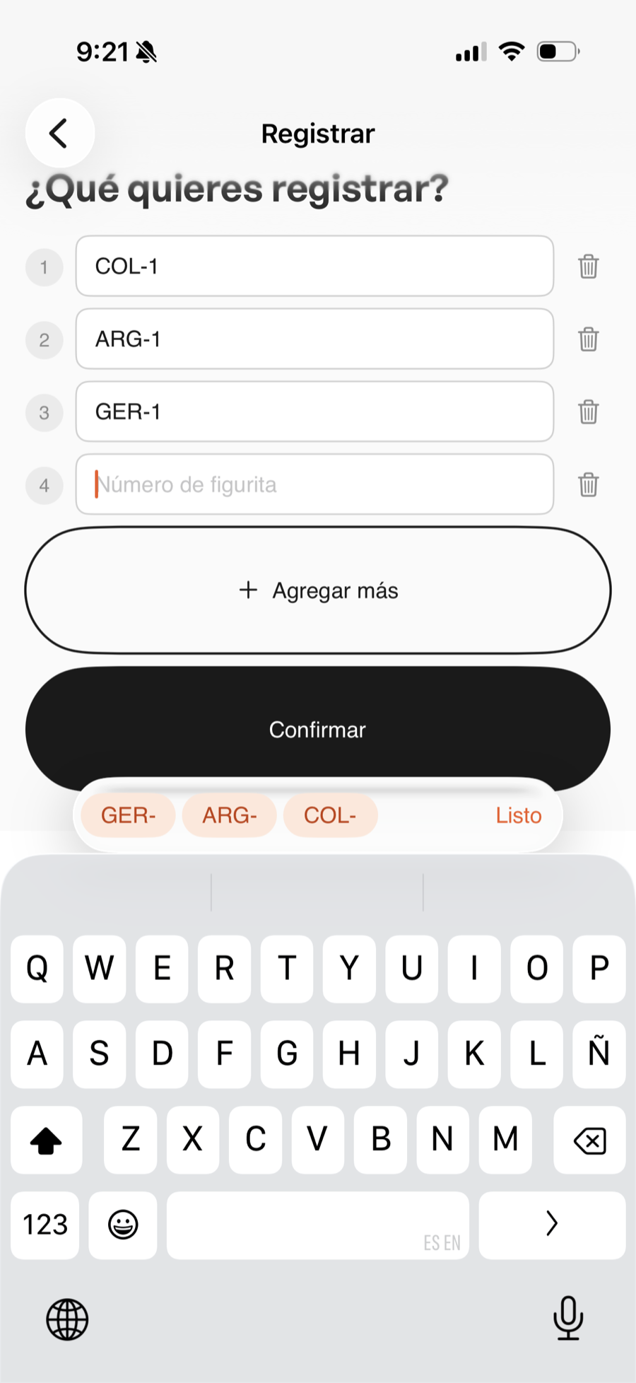 Pantalla real de registro de monas en Seletiene